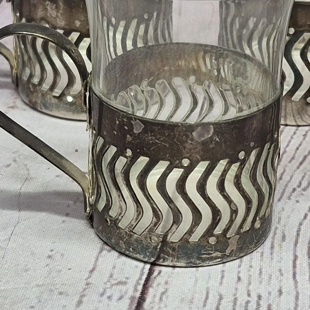 4~Turkish Coffee Italian Espresso Demitasse Silver Plate Metal Holder Glass Cups
